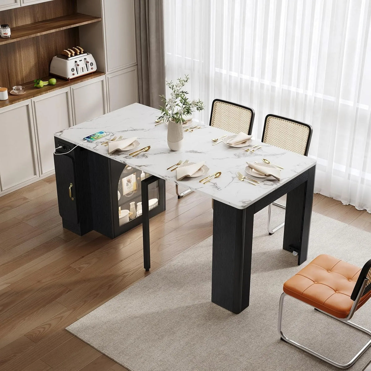Table de Bar Extensible avec Rangement et Plateau Amovible: RGB, avec port USB, éclairage RGB, affichage LED, noir, avec roulettes