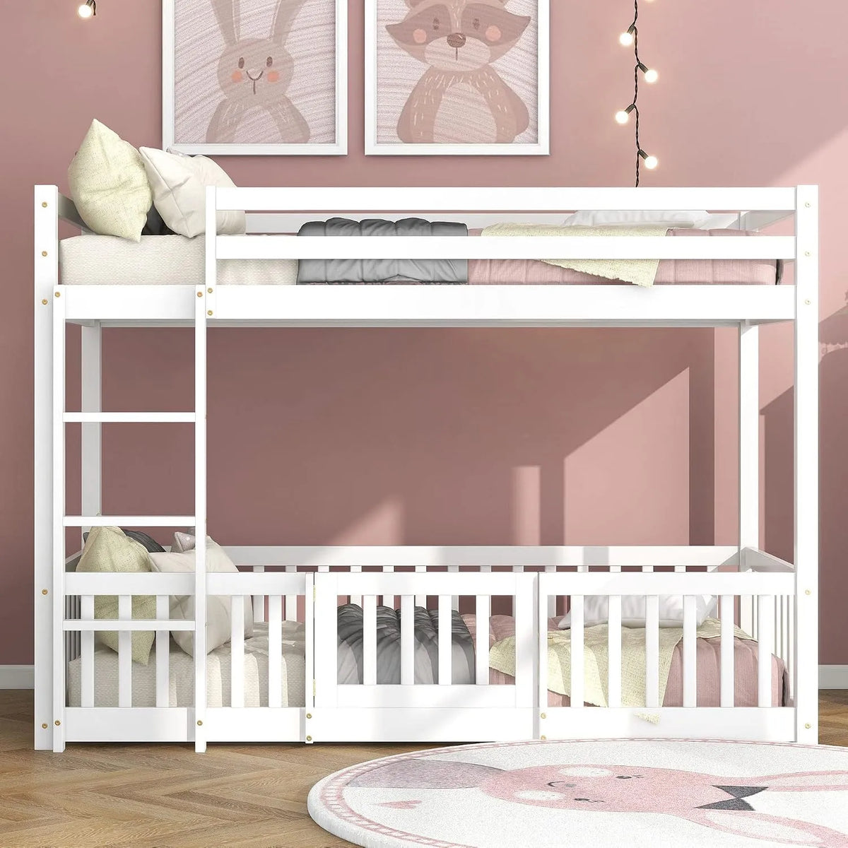Lit superposé et lit mezzanine – pour enfant, angle droit, en bois, avec escalier, 200 × 90 cm, blanc, en bois massif