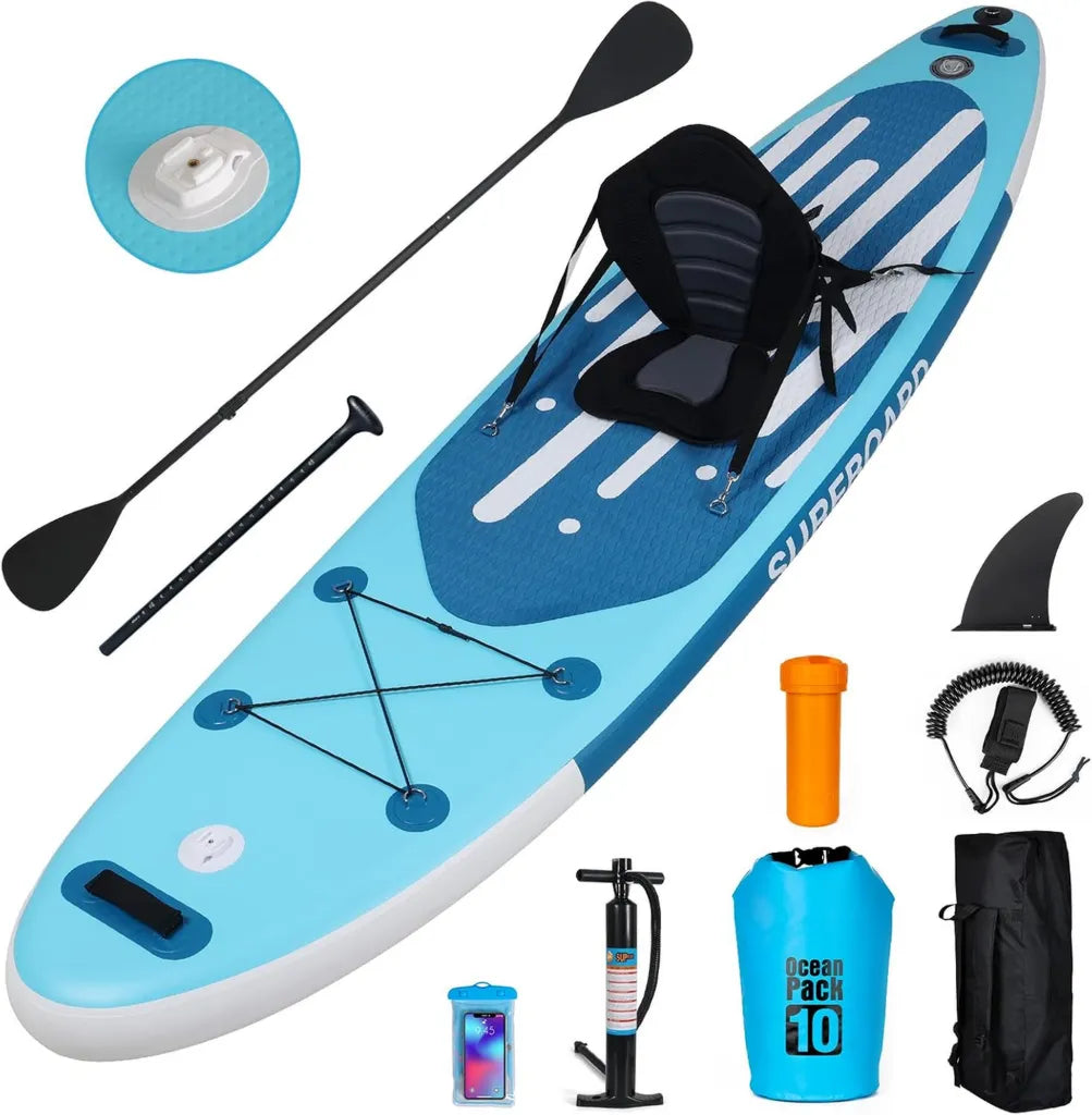 Planche de Paddle Gonflable 335cm, Ensemble Complet avec Siège Kayak, Sac à Dos, Support Caméra et Pagaie en Aluminium, Capacité 150 kg