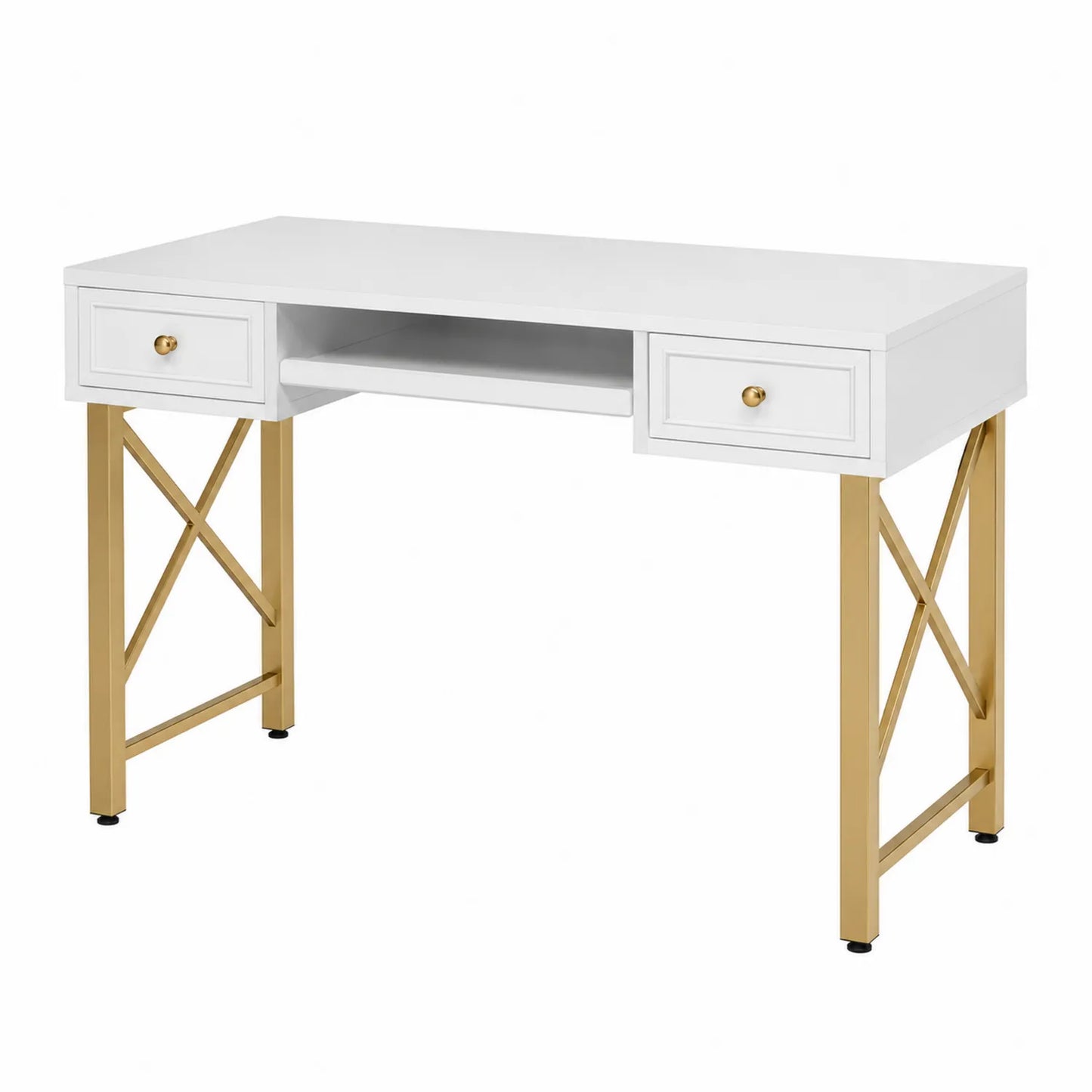 Bureau Rectangulaire en Bois MDF Blanc avec Pieds Métalliques Dorés et 2 Tiroirs