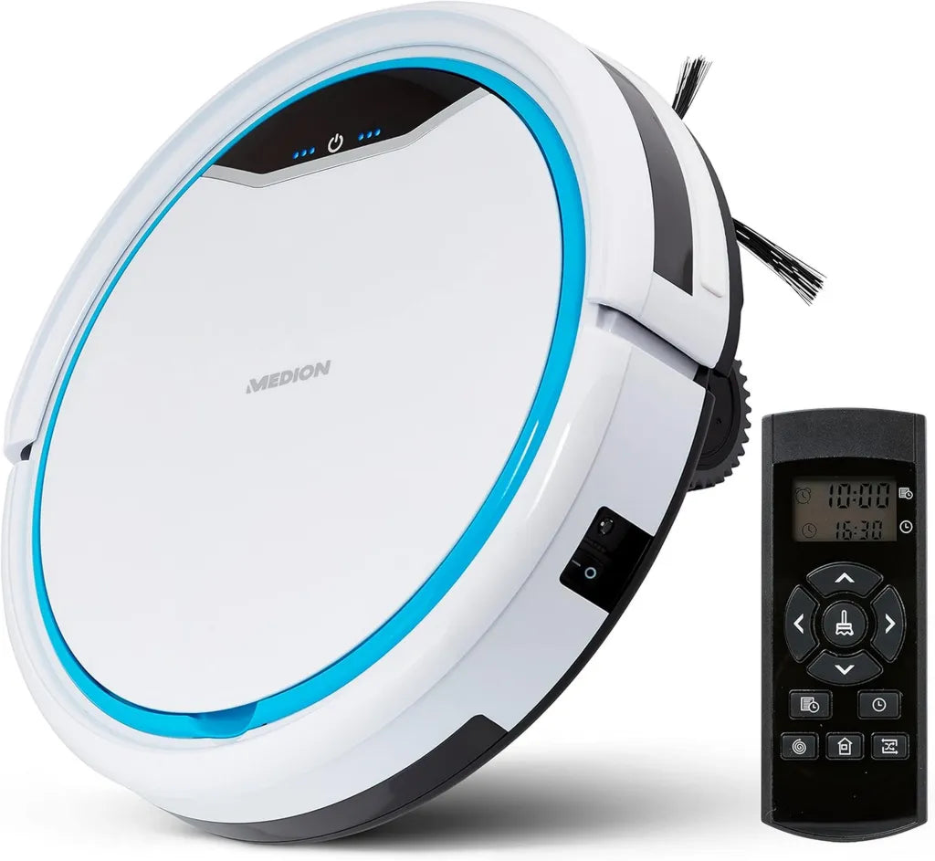 Aspirateur Robot Intelligent MEDION avec Station de Charge, Idéal pour Sols Durs et Poils d'Animaux, Télécommande Incluse, Autonomie 90 Min