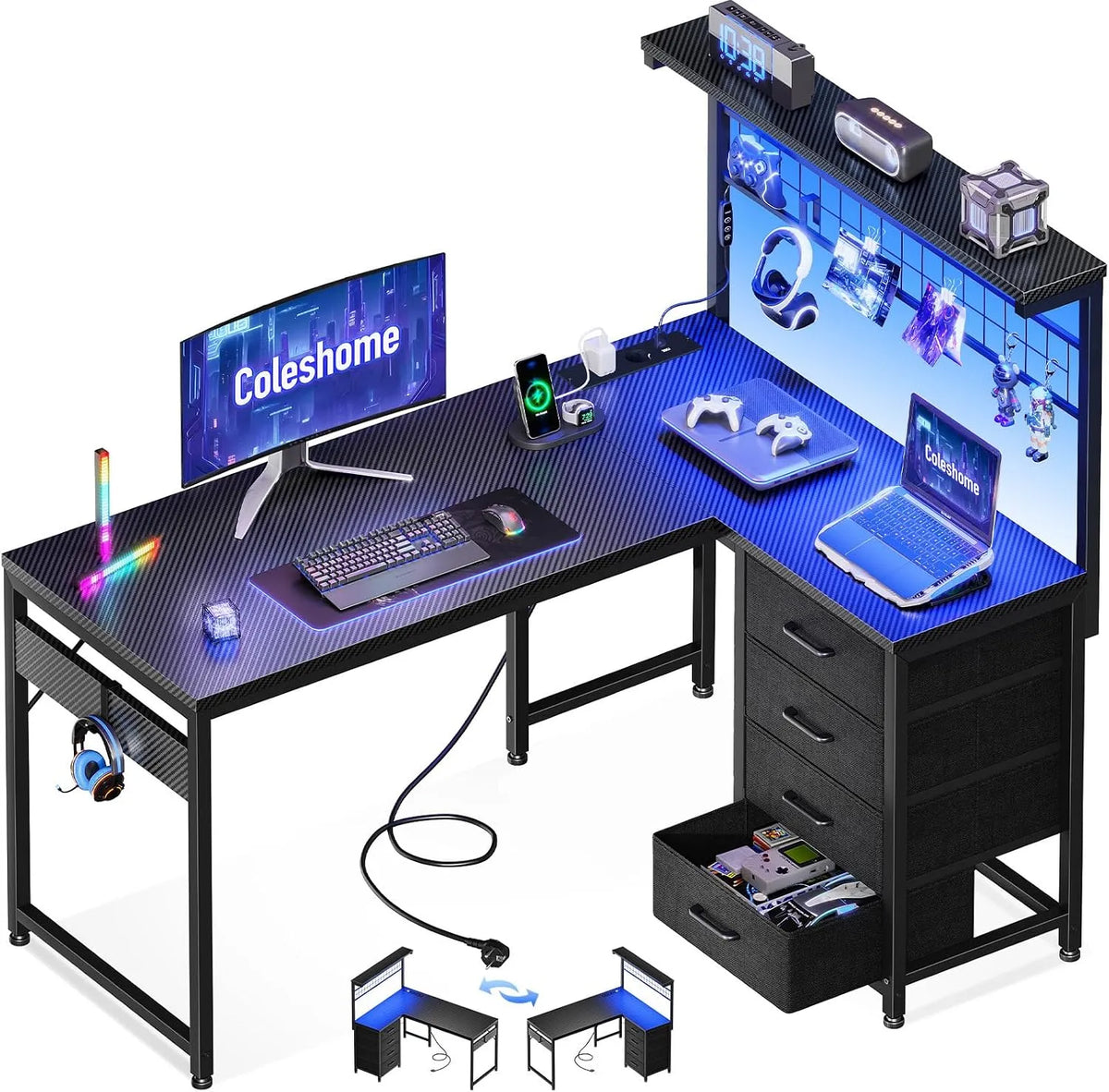 Bureau et table informatique — réversible, avec rangement, avec tiroirs, pour gaming, 110 × 80 cm, noir, avec éclairage LED