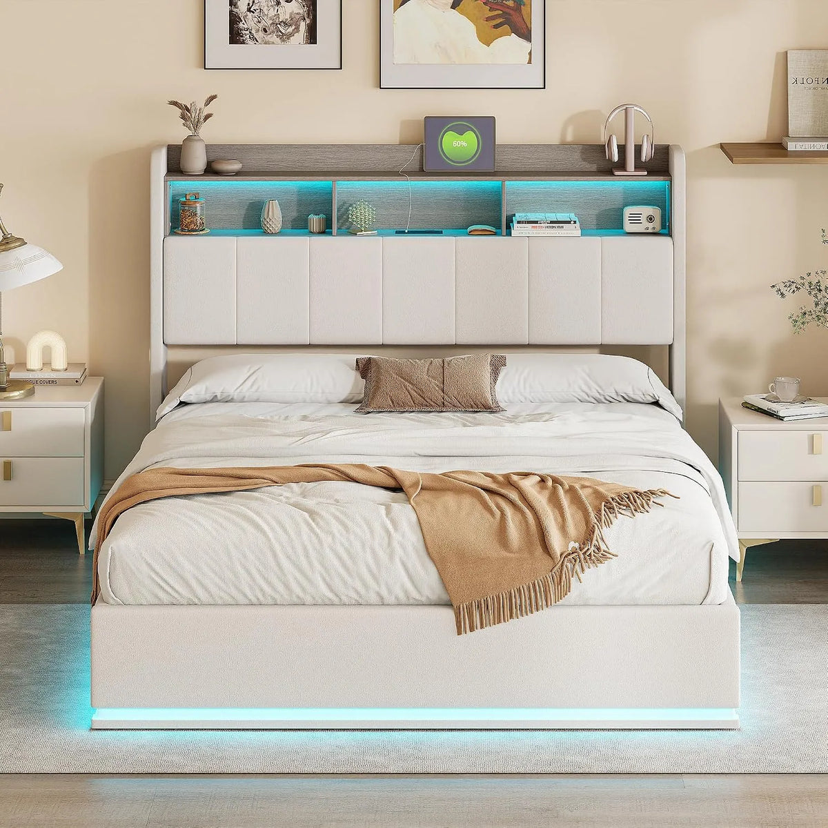 Lit double rembourré: avec rangement, avec tiroirs, affichage LED, 140 × 200 cm, blanc, avec rangement intégré, revêtement en tissu