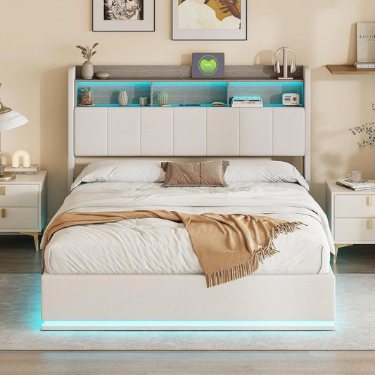 Lit double rembourré: avec rangement, avec tiroirs, affichage LED, 140 × 200 cm, blanc, avec rangement intégré, revêtement en tissu