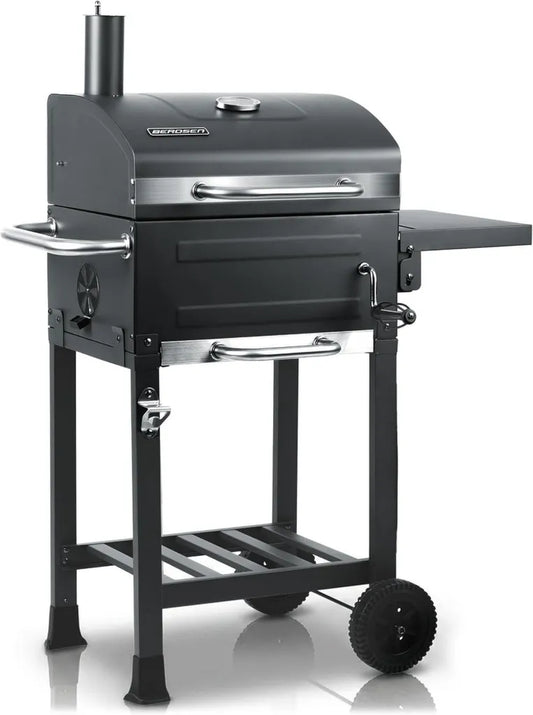Gril à Charbon Berdsen BBQChef avec Cheminée et Grille en Fonte - Réglable avec Thermomètre et Roulettes - Anthracite