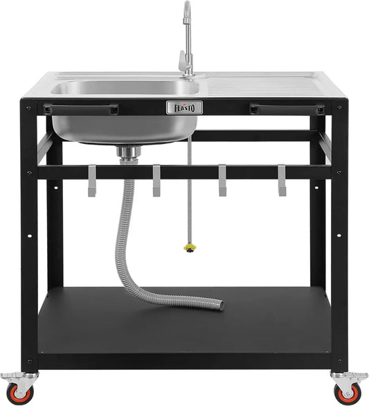 Chariot de Barbecue Multifonction en Acier Inoxydable avec Évier et Roues Verrouillables