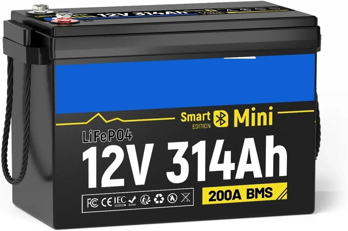 LiFePO4 Batterie lithium LiFePO4 et batterie solaire à décharge profonde, 314 Ah, avec BMS, avec Bluetooth, 12 V, 200 A, pour camping et camping-car