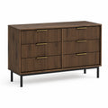 Commode en Bois Noyer 6 Tiroirs Poignées Métal Doré