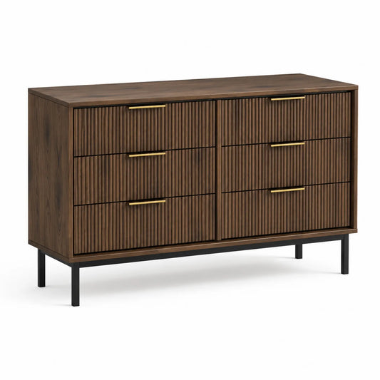 Commode en Bois Noyer 6 Tiroirs Poignées Métal Doré