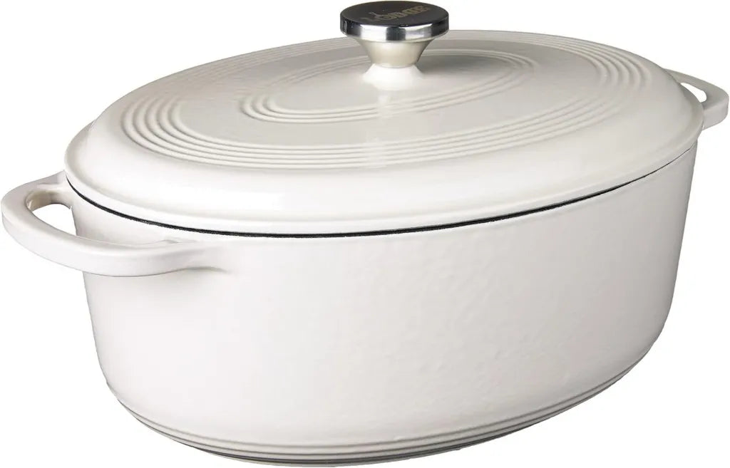 Cocotte ovale en fonte émaillée avec couvercle, idéale pour cuisson au four et sur plaque, jusqu'à 260°C, blanc cassé