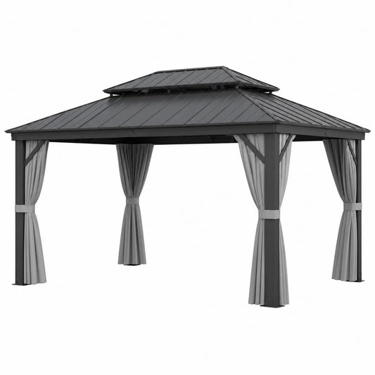 Pavillon rectangulaire en aluminium gris avec rideaux