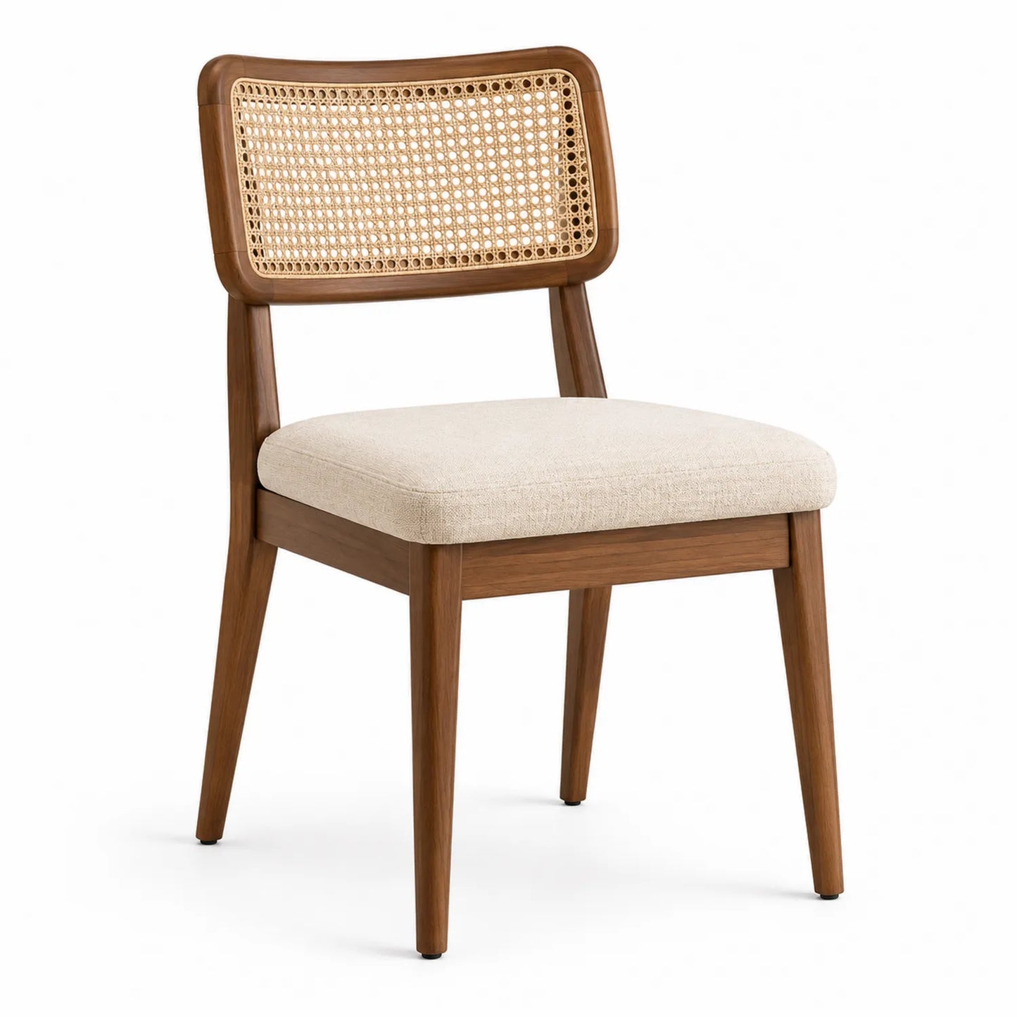 Chaise en bois avec dossier en rotin et siège en tissu beige
