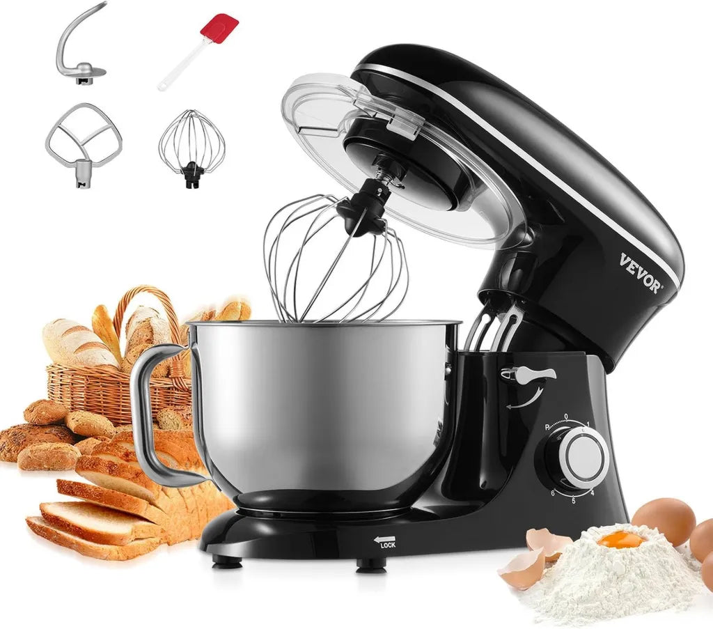 Robot Culinaire VEVOR 1400W, Batteur sur Socle 5,68L, Mixeur avec 6 Vitesses, Tête Inclinable, Bol Inox, Accessoires Inclus, Noir