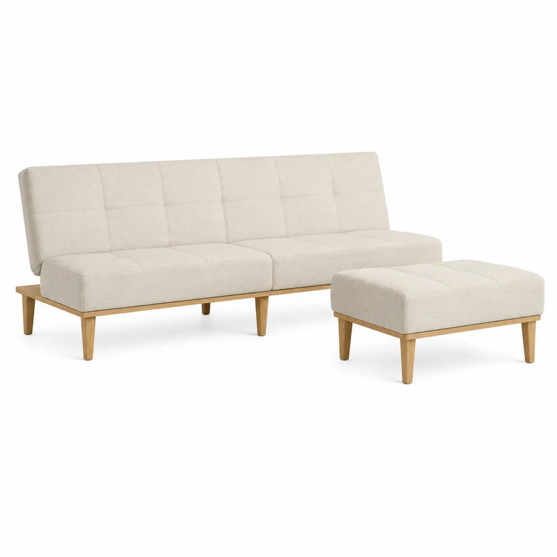 Canapé en Bois et Polyester Beige avec Tabouret