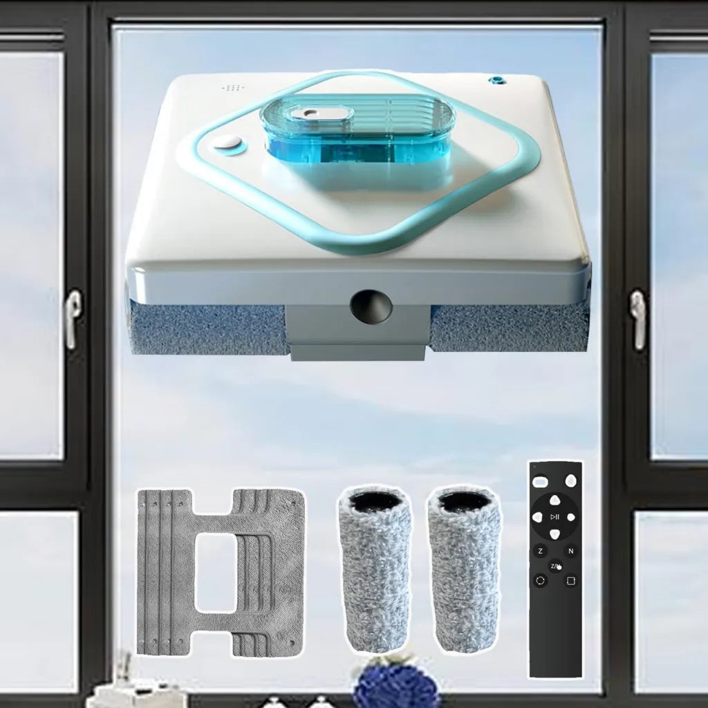 Robot lave-vitres intelligent, réservoir d'eau double 30 ml, pulvérisation multidirectionnelle, brosses à double rouleau, 4 chiffons inclus