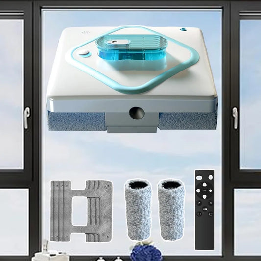 Robot lave-vitres intelligent, réservoir d'eau double 30 ml, pulvérisation multidirectionnelle, brosses à double rouleau, 4 chiffons inclus
