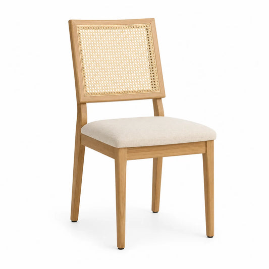 Chaise de salle à manger en bois avec dossier en rotin et assise en lin 90x45x50 cm