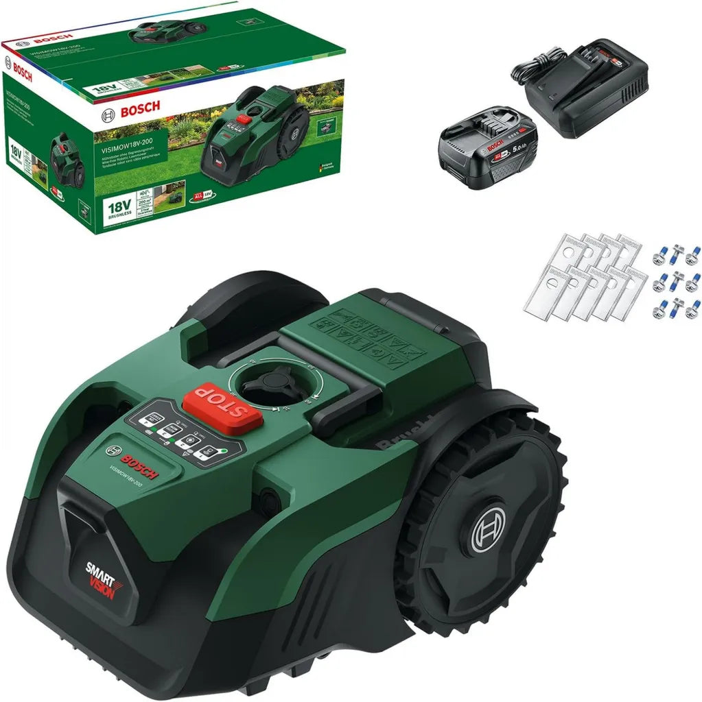 Tondeuse Robotique Bosch VISIMOW18V-200 - Pelouses jusqu'à 200 m², 18 cm de Largeur de Coupe