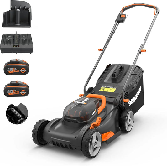 WORX WG734E Tondeuse à gazon pour une coupe régulière lors de l'entretien du jardin – sans fil, 40cm, 500m, 40V, 20V