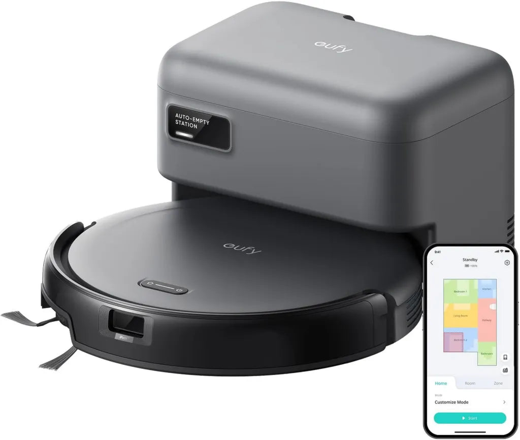 eufy C10 Robot Aspirateur avec Station Autonettoyante, Design Ultra-plat 7,3 cm, Nettoyage des Tapis et Brosse d'Angle Élargie