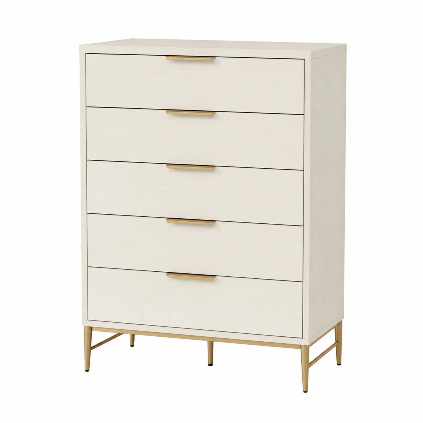 Commode en bois à 5 tiroirs avec pieds en métal doré