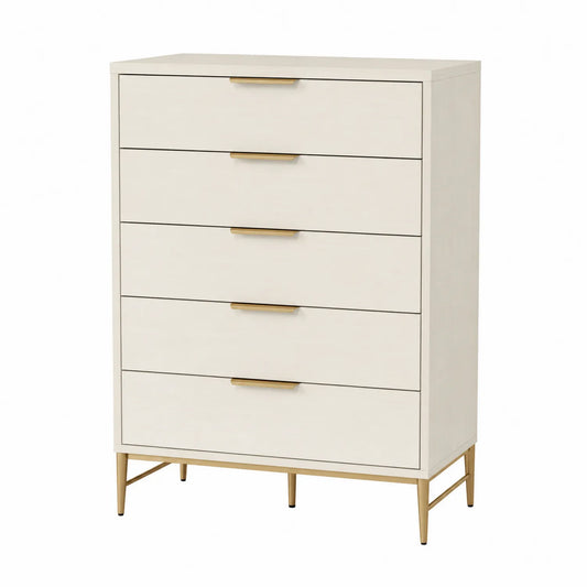 Commode en bois à 5 tiroirs avec pieds en métal doré