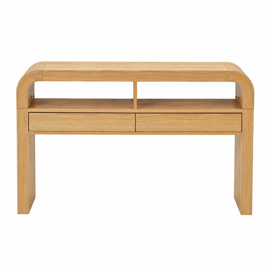 Console en bois de chêne avec tiroirs et étagère