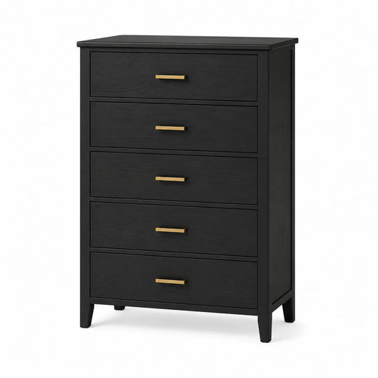 Commode en bois noir avec poignées en métal doré et 5 tiroirs