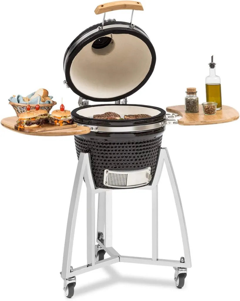 Klarstein Kamado-Grill Queensize - Céramique & Acier Inoxydable avec Panneaux en Bambou, Thermomètre Intégré, Roulettes pour Déplacement Facile, Noir