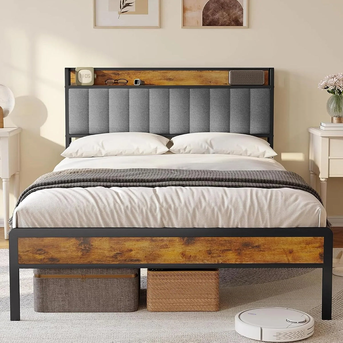 Bealife Cadre de lit et structure de lit 140 x 200 avec Sommier en: en métal, avec rangement, 140 × 200, 140 × 200cm, gris