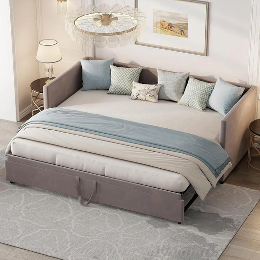 Lit de jour: revêtement en tissu, 180 × 200 cm, gris, extensible, revêtement en velours