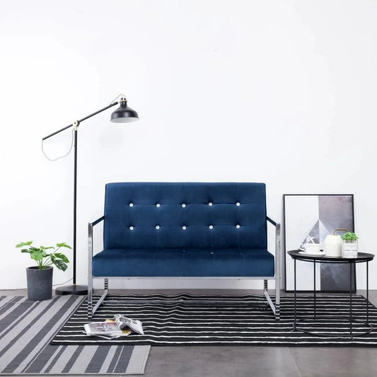 Canapé: en bois, format compact, avec accoudoirs, 2 Places, 114 × 78 × 81 cm, bleu, revêtement en velours