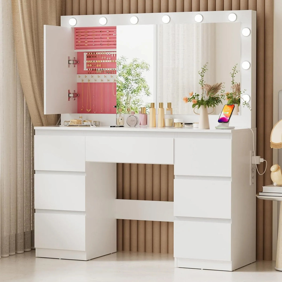 Coiffeuse et table de maquillage avec Grande Miroir et Multiprise – avec rangement, avec tiroirs, réglable, affichage LED, 7 Tiroirs, 120 × 40 × 140cm