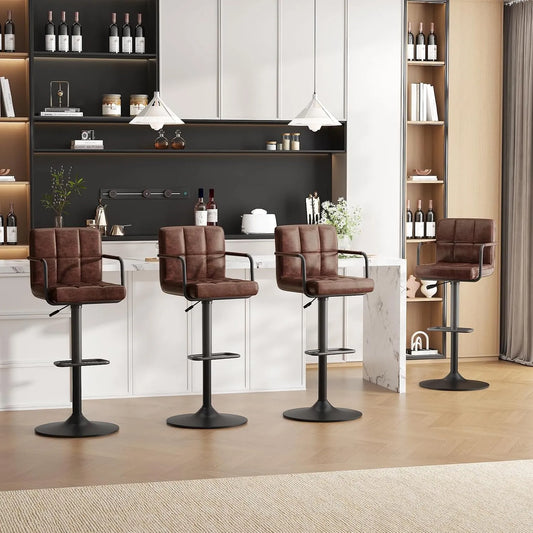Chaise — en cuir PU, pivotant, avec accoudoirs, avec dossier, Lot de 4, marron, hauteur réglable