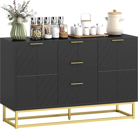 HOMCOM Buffet et meuble de rangement – en métal, en bois, avec rangement, avec tiroirs, 3 tiroirs, 120 × 40 × 76 cm, noir, avec étagères