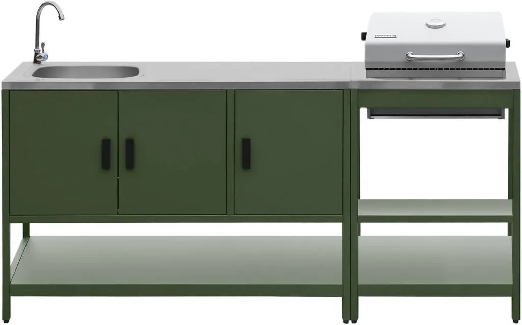sweeek - Ensemble de Cuisine Extérieure Naxos Acier Inoxydable Vert avec Barbecue au Charbon et Évier