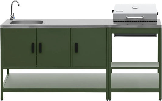 sweeek - Ensemble de Cuisine Extérieure Naxos Acier Inoxydable Vert avec Barbecue au Charbon et Évier