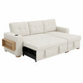 Canapé convertible en tissu beige avec rangement et accoudoirs en bois