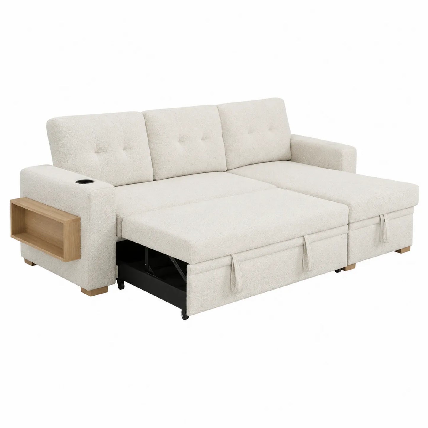Canapé convertible en tissu beige avec rangement et accoudoirs en bois