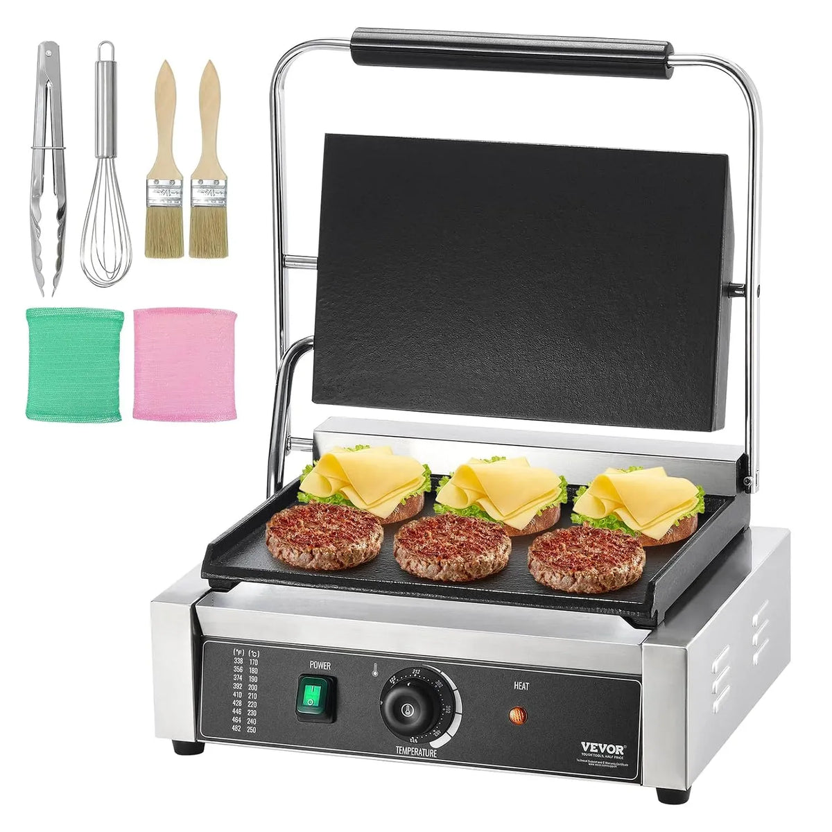 VEVOR Machine à Panini, gril à panini et croque-monsieur, 34,2x23,5 cm, 2200 W, 2 zones de température, acier inoxydable, pour Hamburger