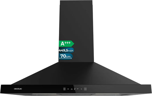 Cecotec Bolero Flux PT Hotte aspirante, 70 cm, 449, 5 m3/h, classe énergétique A, hotte de cuisine, Boost, tactile, noir, Filtres Lavables