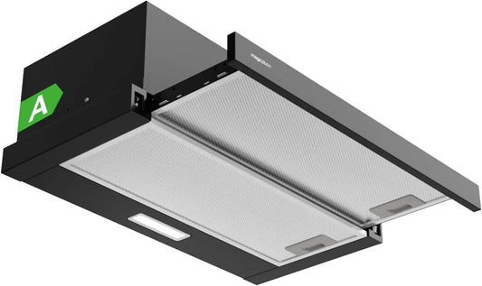 Hotte aspirante, 60 cm, 370 m3/h, 65 dB, classe énergétique A, hotte de cuisine, éclairage LED, noir, 2 Vitesses, Extraction & Recyclage, Filtre à