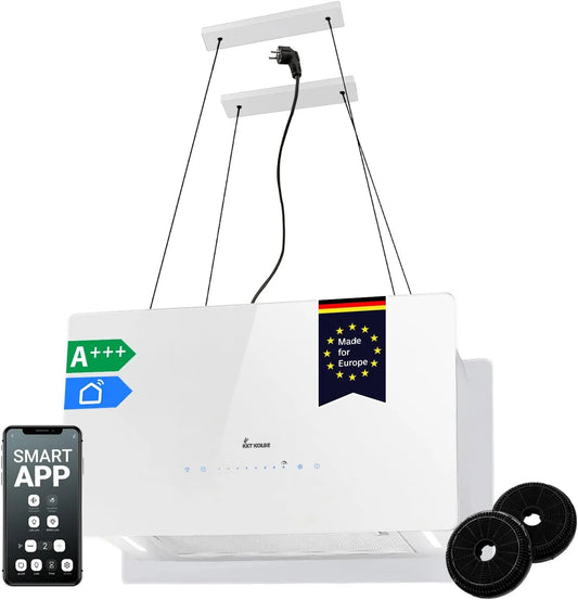 Hotte aspirante, 60 cm, 764 m3/h, hotte de cuisine, KKT CUBE60FW, éclairage LED, Wi-Fi, application, blanc, 9 niveaux, hotte îlot suspendue, Verre