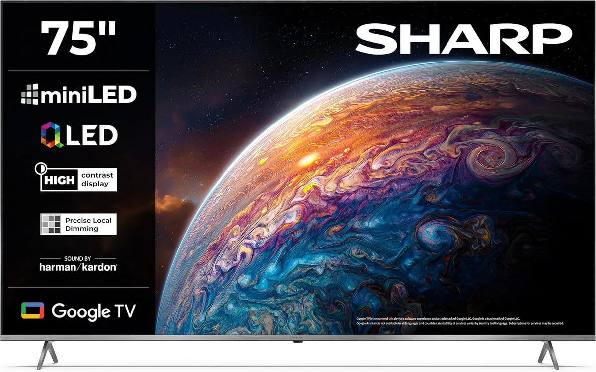 Google 75JP7265E Smart TV, 75 pouces, 144 Hz, téléviseur, 4K UHD, QLED, HDR, HDMI, Dolby Vision IQ & Atmos, HDR10 HLG, 1 eARC, SHARP, son Harman