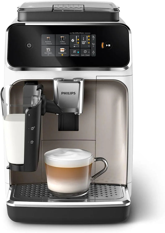 Philips 4 boissons, machine à café grain 2300, LatteGo, Blanc Chrome EP2333/40, SilentBrew 40% plus silencieux, Broyeur 100% céramique, App HomeID
