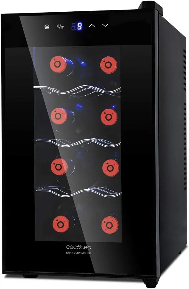 Cecotec Cave à vin électrique, 25 L, 8 bouteilles, tactile, acier inoxydable, Design Porte FullCrystal, Finition Mirroir