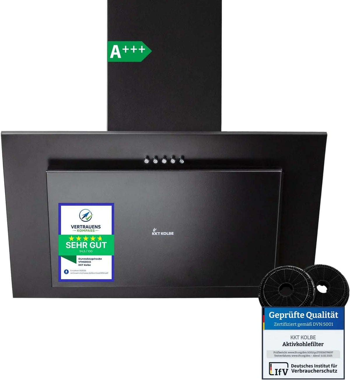 Hotte aspirante VTH6004S, 60 cm, hotte de cuisine, inclinée, évacuation et recyclage, acier inoxydable, KKT KOLBE, Noire, Commande par boutons