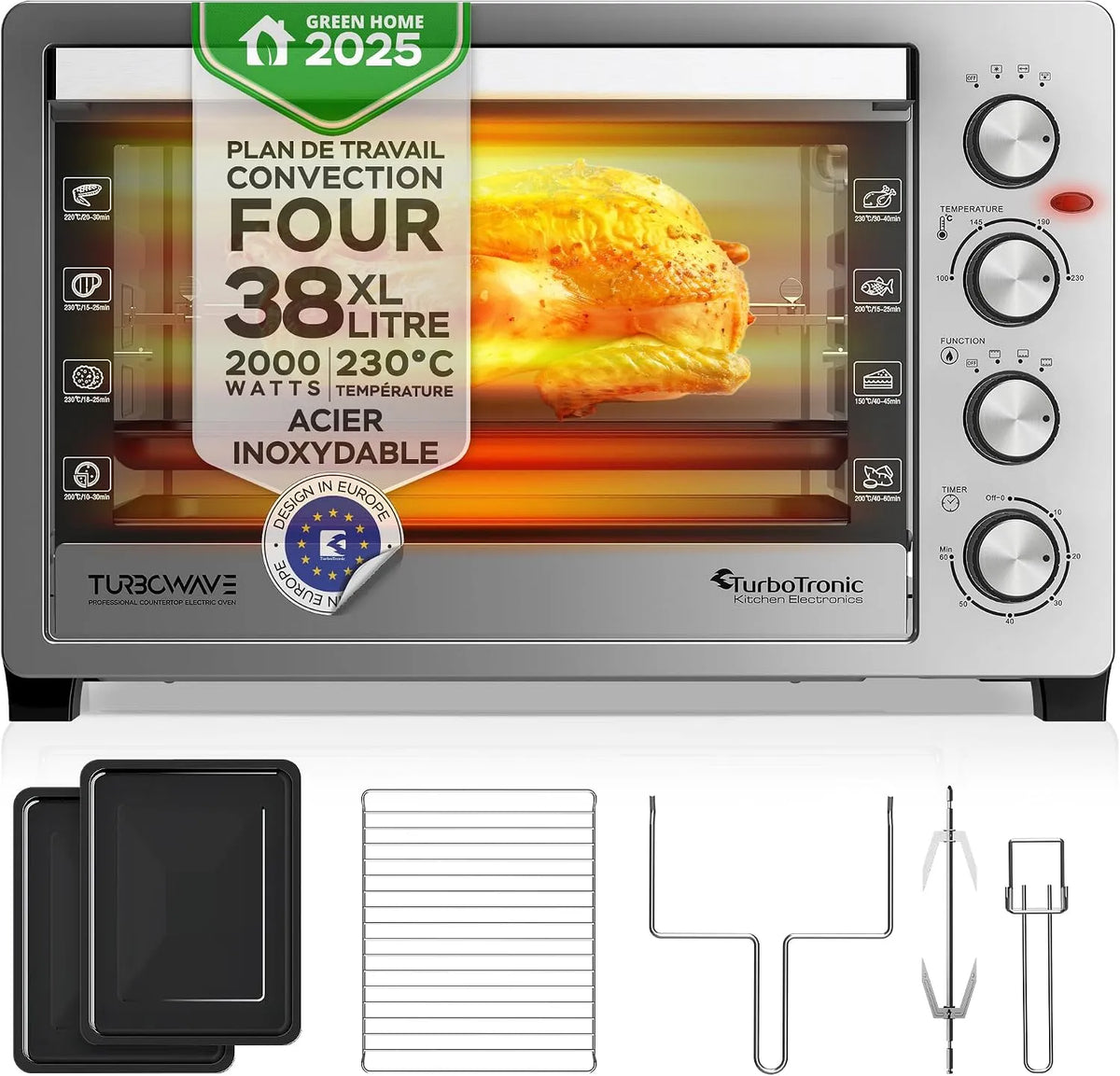 Four électrique, 38 L, 2000 W, TurboTronic EVS38, compact, 230°C, Four posable à chaleur tournante, Mini four, Argent