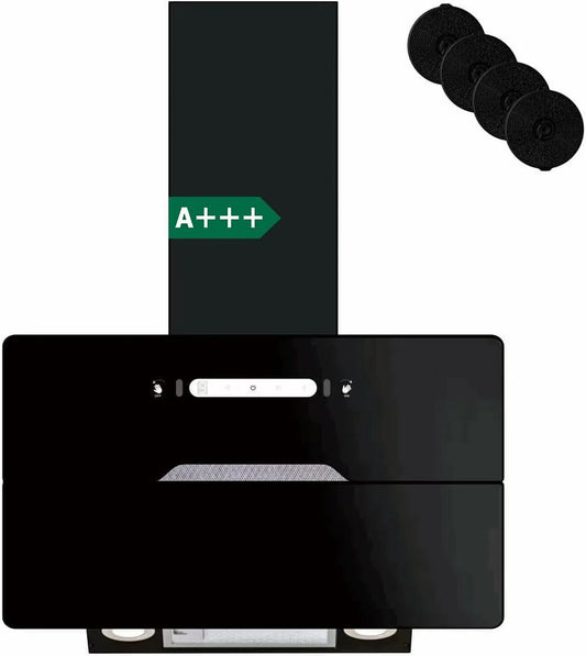 Hotte aspirante, 60 cm, 640 m3/h, classe énergétique A, hotte de cuisine, installation murale, tactile, noir, 4 Filtres à Charbon Inclus, 9 Vitesses