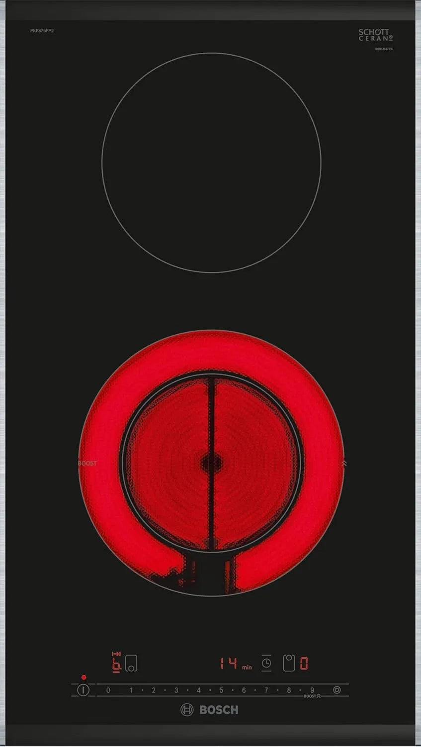 Bosch PKF375FP2E Plaque vitrocéramique, 30 cm, minuteur, noir, timer avec fonction arrêt, Série 6, 2 foyers, zone cuisson extensible, affichage de